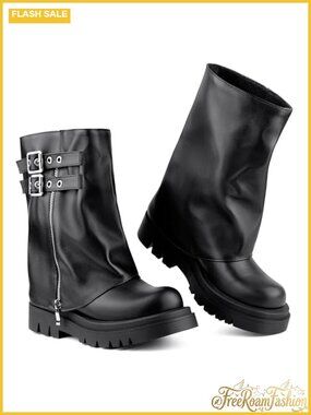 Faux Leather Fold Over Mid Calf Combat Boots Platform Buckle Moto